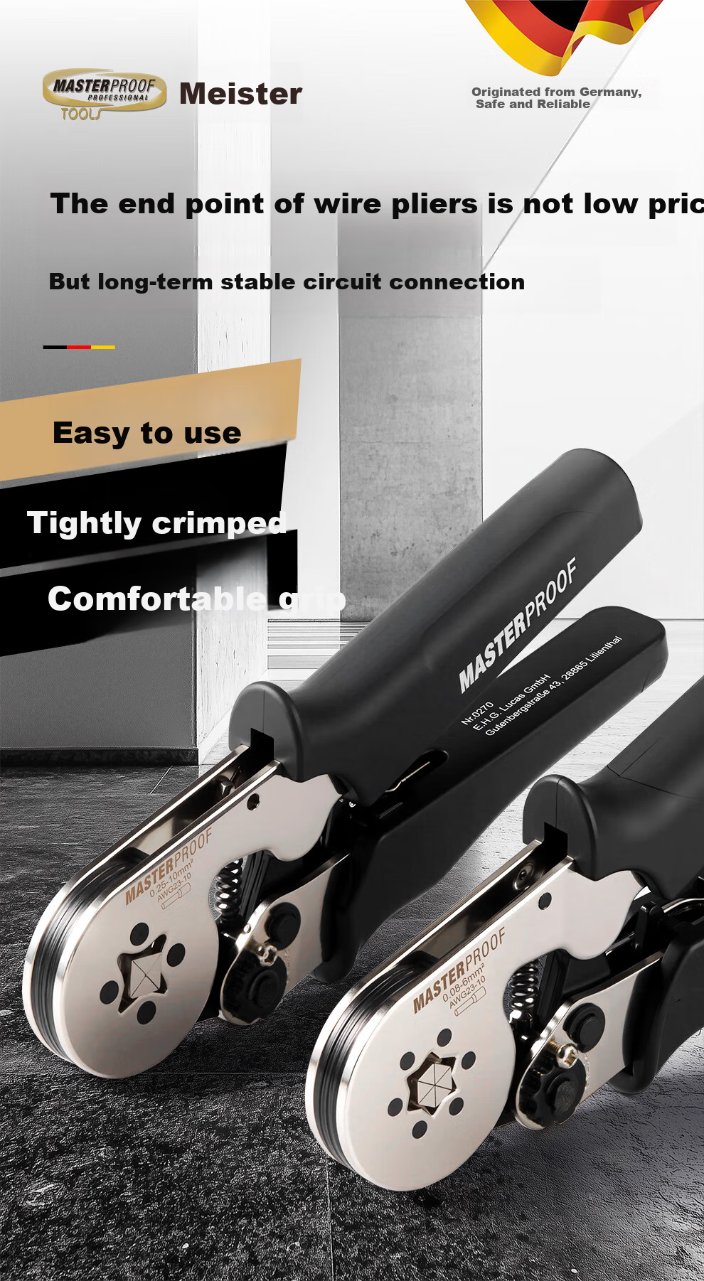 MASTERPROOF Cold-Press Terminal Crimping Pliers, Professional Square Wire Connector Tool for Electricians, Copper Wire Crimper, High-Quality Crimping Device 1