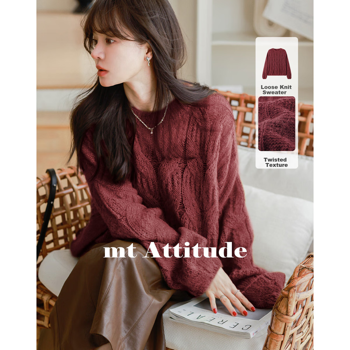 Mt [Relaxed Grass Green] Autumn Simple Round Neck, Jacquard Loose Long-Sleeve Pullover Sweater