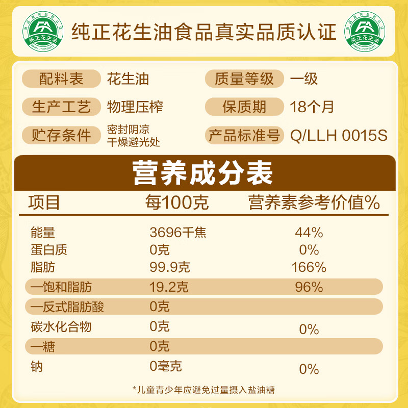 鲁花 【保真花生油】食用油 5S物理压榨 压榨一级花生油900ml 小包装