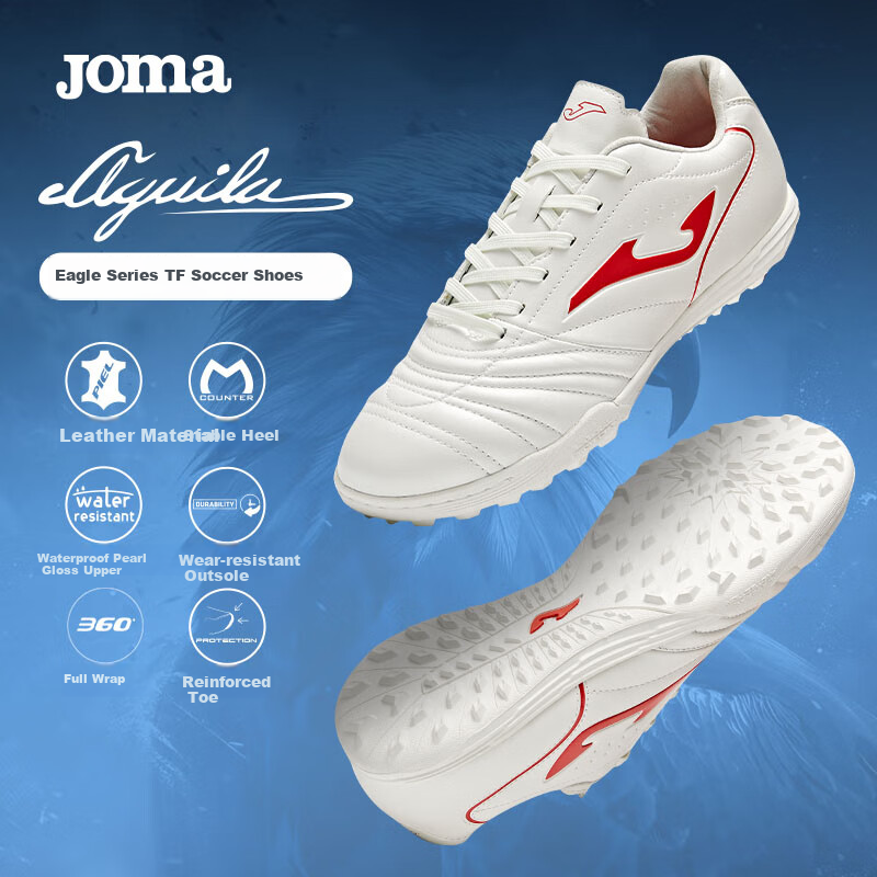 JOMA Kangaroo Leather Soccer Shoes TF Turf Cleats for Adults, Teenagers And Students, Professional Competition Football Training Shoes, White And Red, Size 42.5