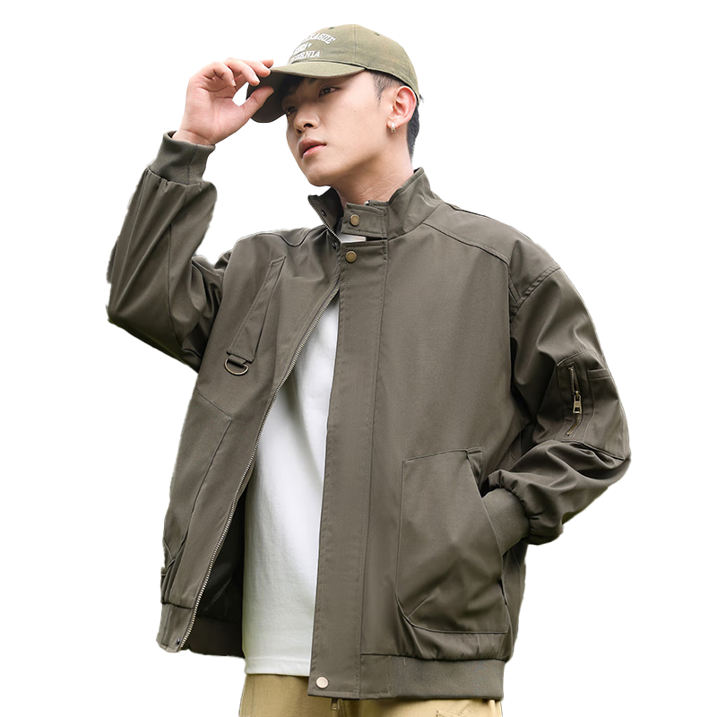 EASTERN CAMEL Men's Jacket, Spring And Autumn Casual Versatile Workwear, Pilot Stand-Collar Outdoor Fashion Coat, Men's Outerwear, Army Green, XL