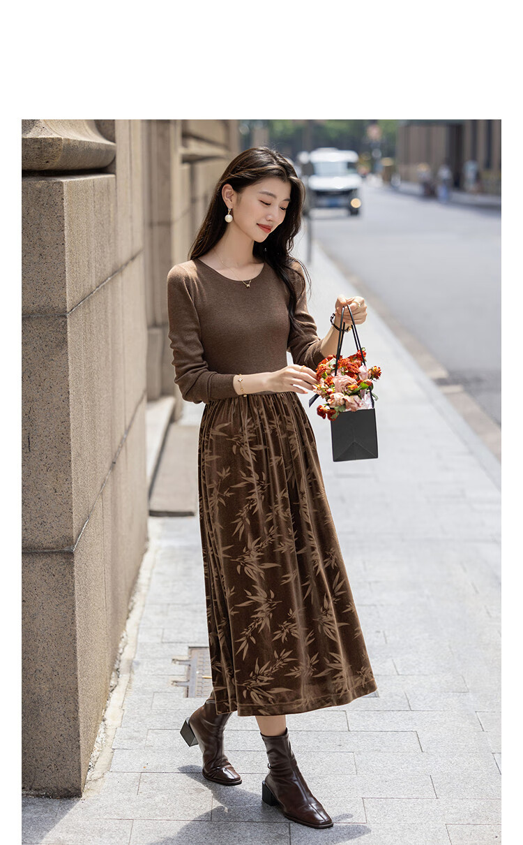 Demana Autumn French Style Velvet Embossed Splicing Waist Slim Fit Petite Women's Dress with Wool 2