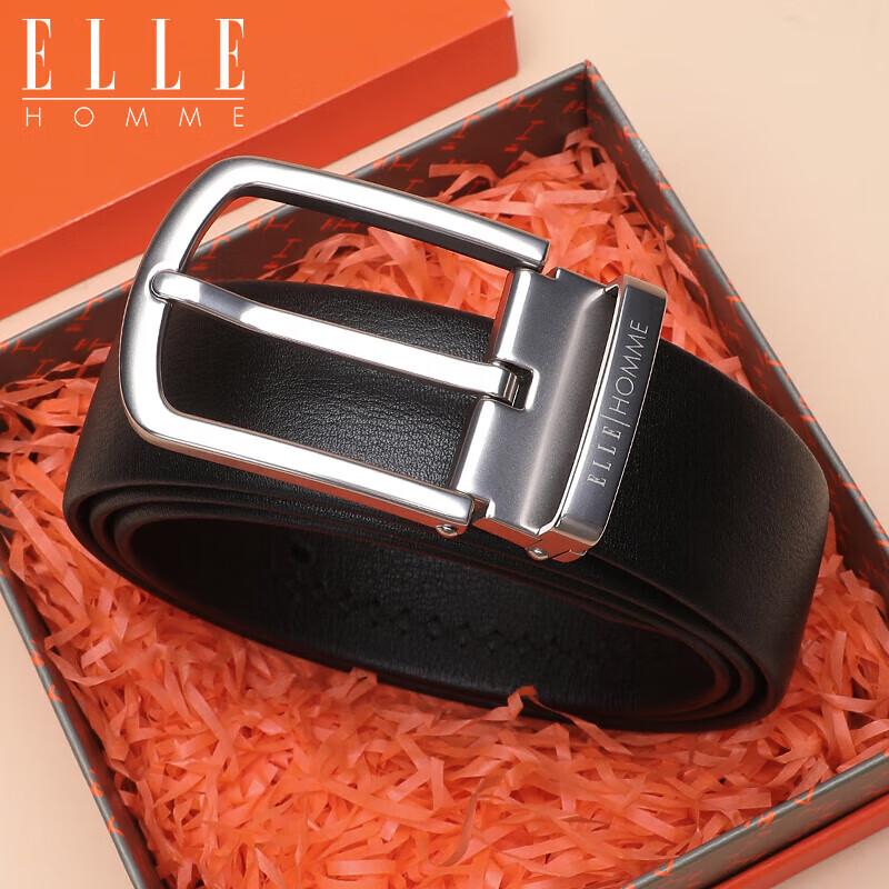 ELLE HOMME Men's Leather Belt, Fashionable Pin Buckle Waistband, Top-Grain Cowhide Casual Trouser Belt, 1815 Black, Birthday Gift for Me
