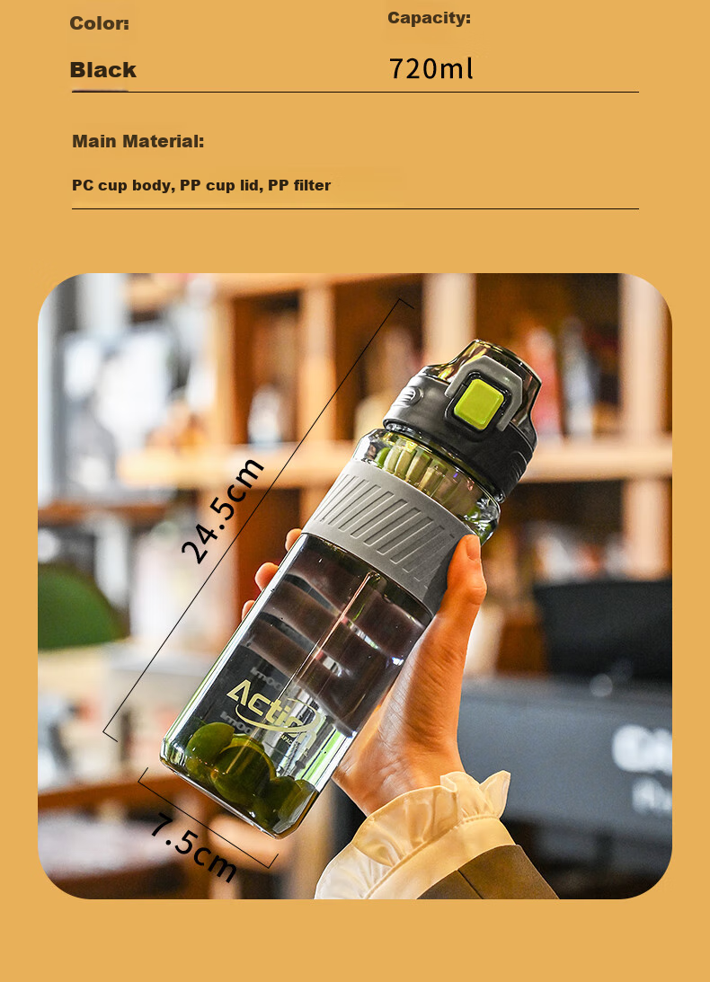 ZARVYRELAXED Sports Plastic Water Bottle for Men And Women, Stylish Outdoor Sports Tea Infuser Water Cup with Separate Compartments, Black 10