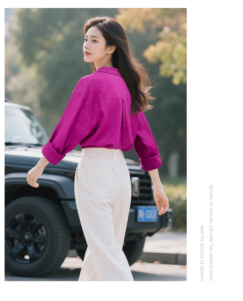 Fansiman Commuter Linen Long Sleeve Shirt Women Autumn New Simple Relaxed Fit Lapel Top Dragon Fruit Red M 6