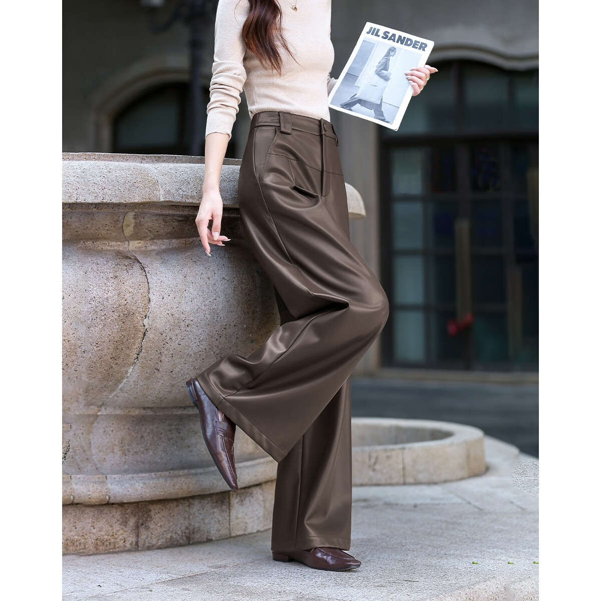 Demana Fashionable Elegant Autumn Design Pleated Panel Wide-Leg PU Surface Petite Women's Casual Pants