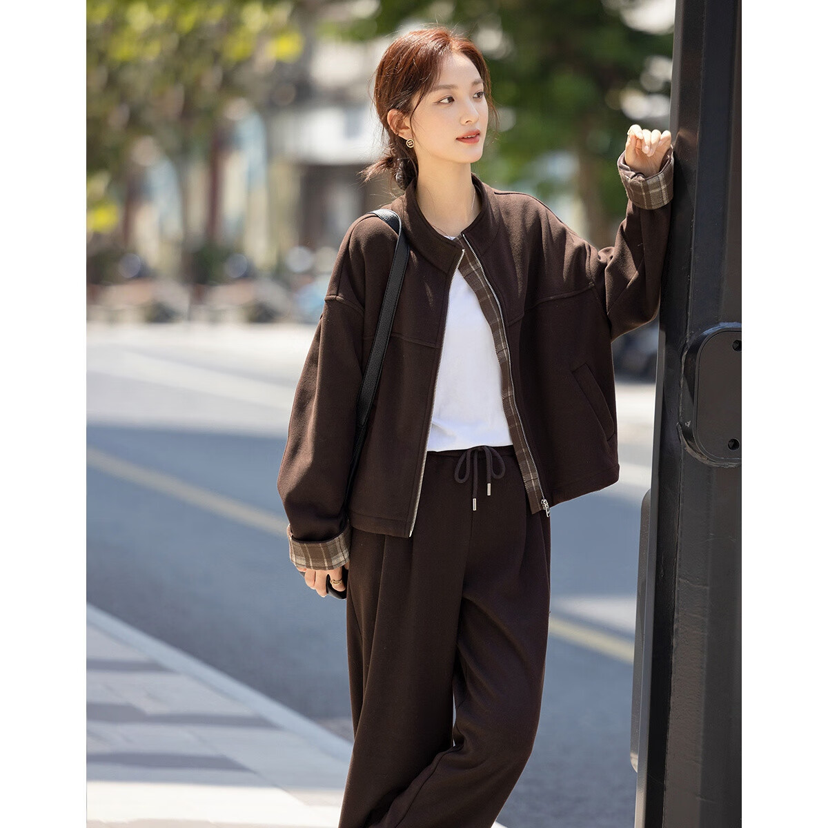 Demana [Style Set] Winter Elegant Stand Collar Plaid Patchwork Jacket with Color-Block Elastic Waist Long Pants Women's Two-Piece Set