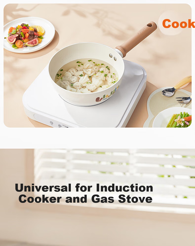 SUPOR Non-Stick Milk Pot, Flat Bottom Baby Food Pot, Noodle Soup Pot, Hot Milk And Instant Noodle Ceramic Pot, Compatible with Induction And Gas Stoves, 18cm 12