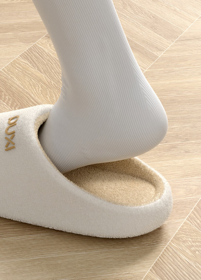 Poxi Autumn And Winter Indoor Quiet Simple Closed-Toe Slippers for Women, Home Floor Silent Cotton Fabric, Light Beige, Size 36-37 3
