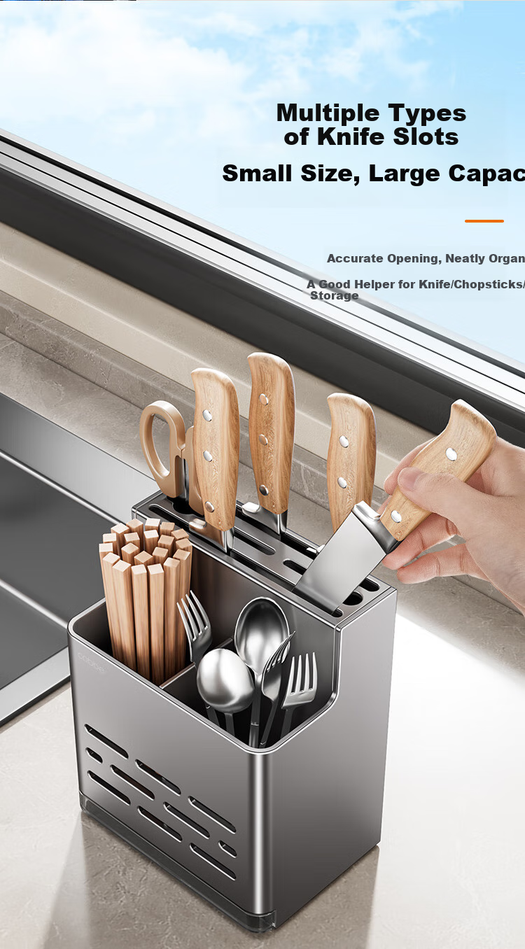 Cobbe Kitchen Knife Holder Wall-Mounted Storage Rack with Chopstick Cage, Multi-Functional Organizer, No Drilling Required, Stainless Steel Chopstick Tube And Knife Holder 9