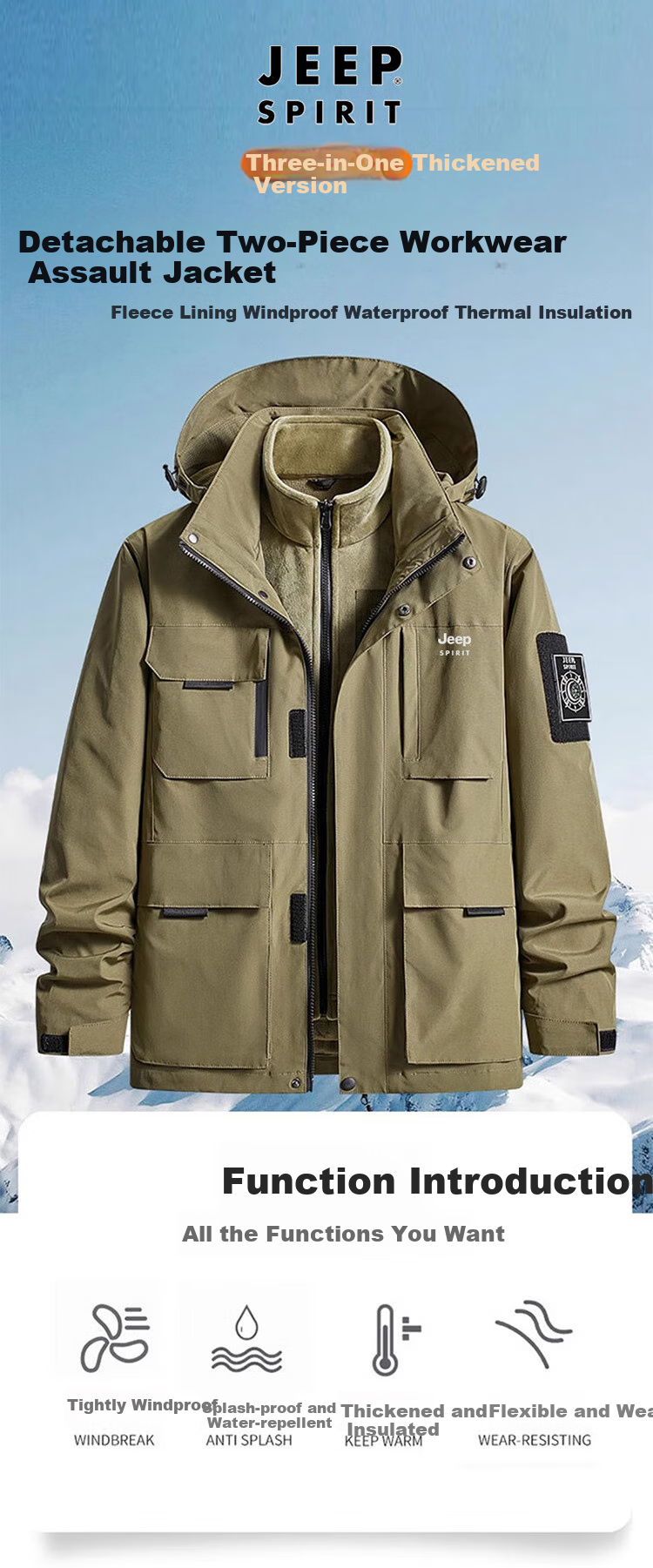 JEEP SPIRIT Men's Three-In Jacket, Autumn And Winter Casual Loose-Fitting Hooded Workwear Coat for Me 1
