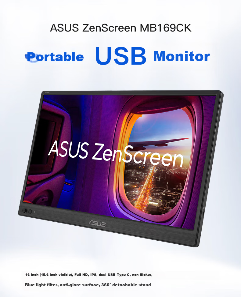 ASUS MB169CK 16-Inch FHD Portable Monitor, 60Hz Refresh Rate, Three-Leg Stand Holes, Type-C, Secondary Screen for Computer, Laptop, Switch, Mobile Phone, PS5 Expansion Scree 2