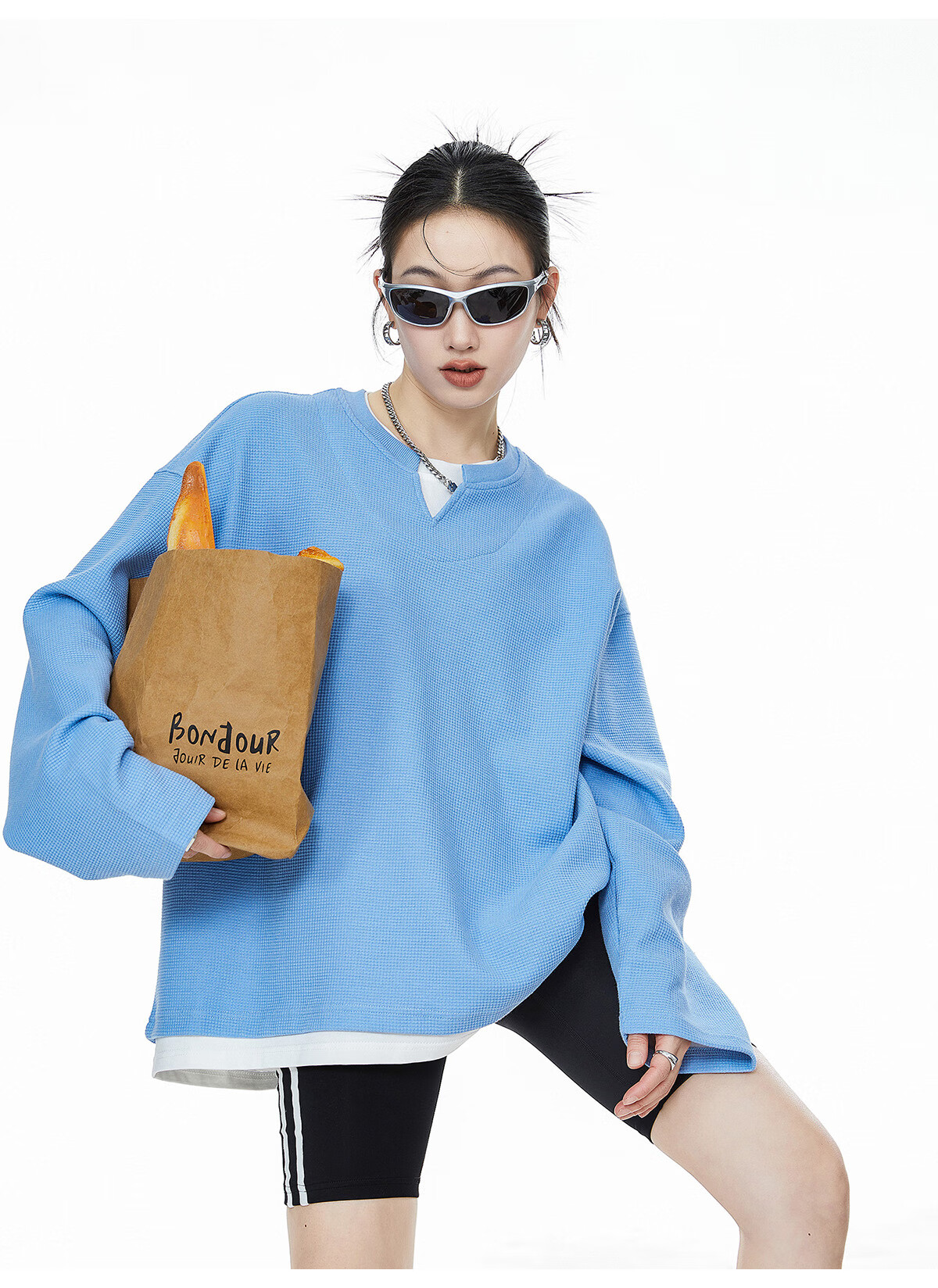 ICH MODE Women's Pullover Sweatshirt American Waffle Long Sleeve T-Shirt Autumn Winter Loose Casual Henley Neck Top Gray L 26