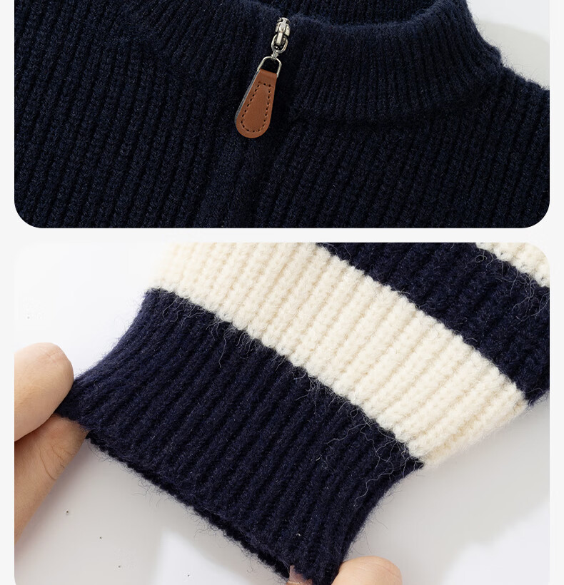 Baleno Kids Sweater 2025 Winter New Boys Half-Placket Striped Pullover Fleece-Lined Knitwear for Older Children 9
