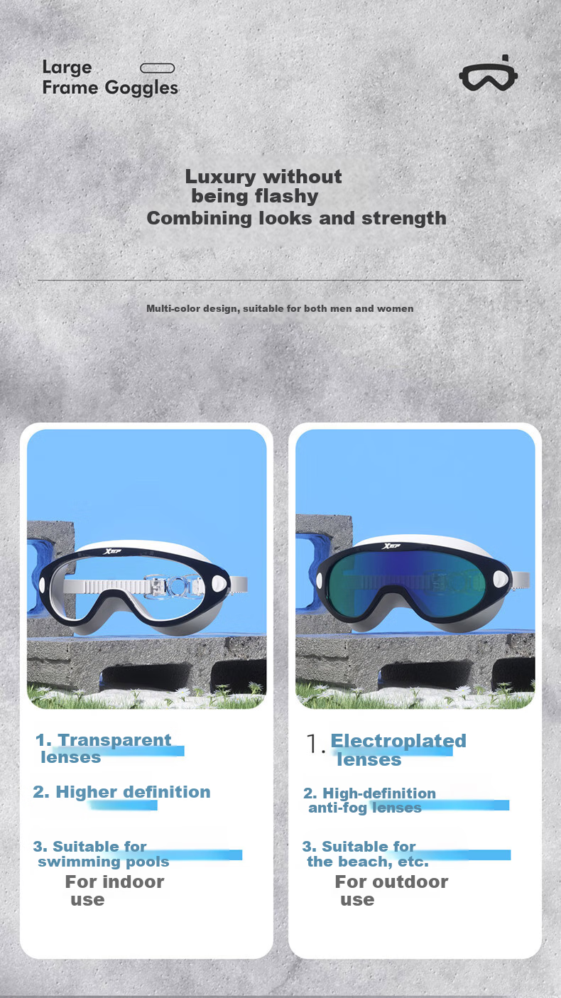 XTEP Adult Swimming Goggles for Men And Women, High Definition Anti-Fog Waterproof Large Frame Professional Diving Swimming Glasses, Black 6