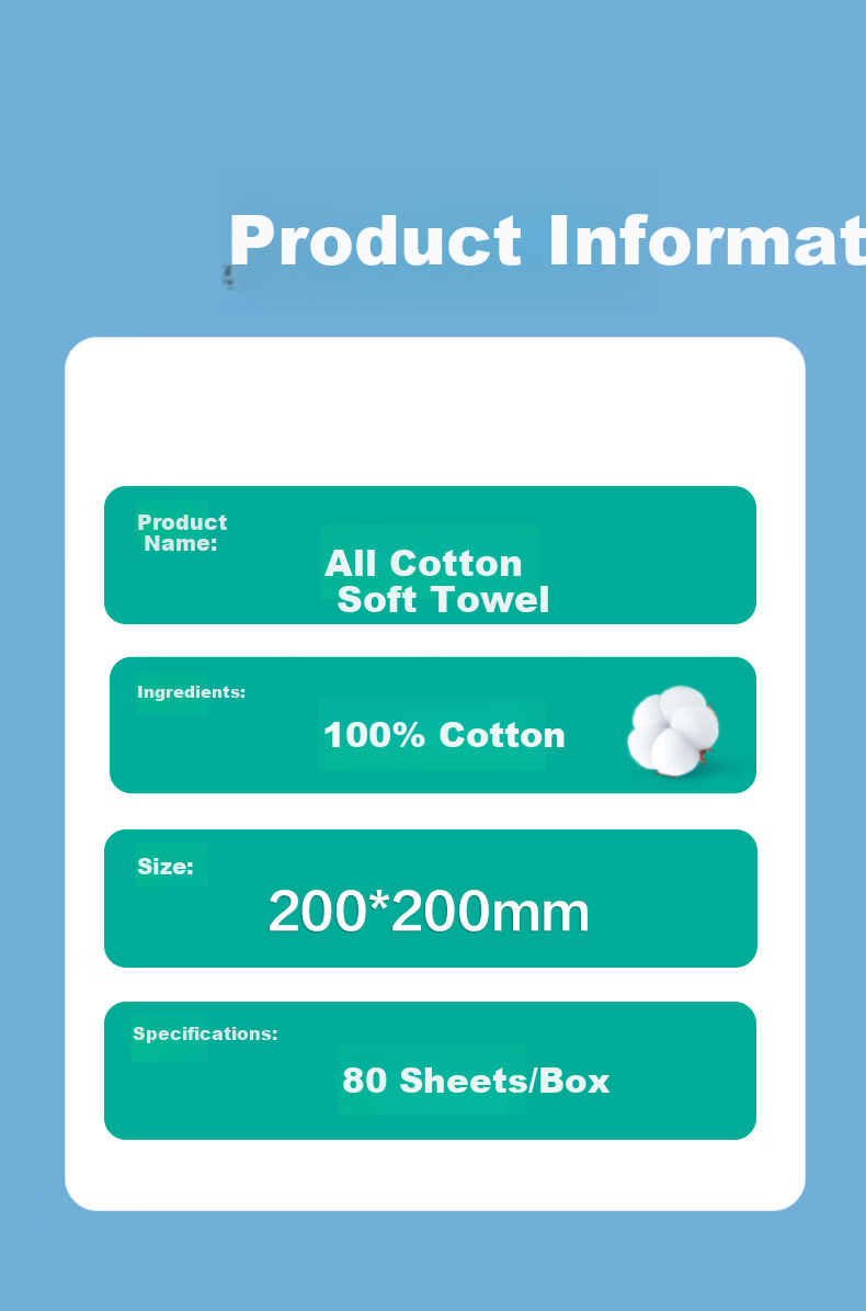 PurCotton Boxed Facial Wipes, 80 Sheets * 1 Box, 100% Pure Cotton Soft Tissues, Disposable Face Towels, 20*20CM 9