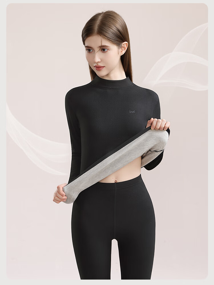 Miiow Women's Thermal Underwear Set Mid-Neck Goose Down Cashmere Silk Fleece Lined Thickened Warm Set 16