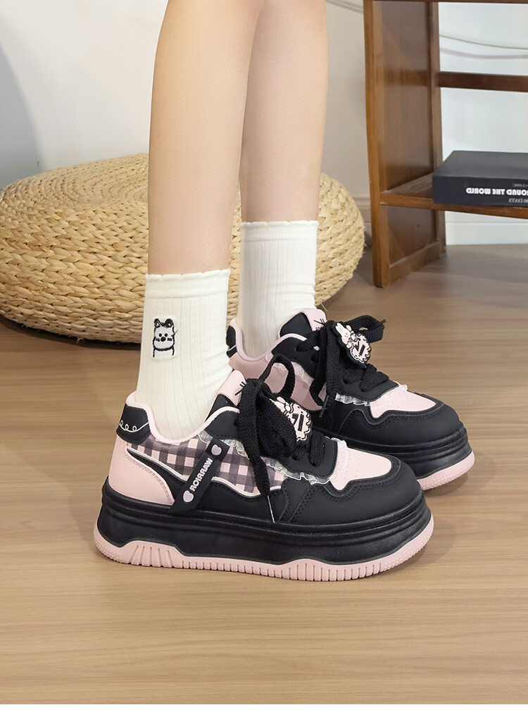 Huili Blue And Pink Sweet Girl Sneakers for Women, New Fashion Versatile Student Platform Korean-Style Casual Shoes, Black And Pink, Size 35 24