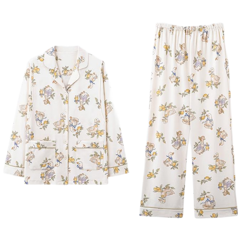 Aibaozi Maternity Postpartum Pajamas Spring Summer Pure Cotton Nursing Sleepwear Breastfeeding Clothes Homewear Moon Lemon Cute Duck L Size M475