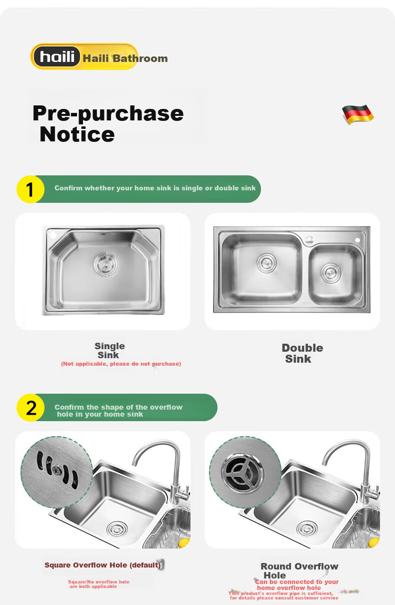 Haili Kitchen Sink Drain Pipe Complete Set, Double Sink 110mm Drainage System, Dishwashing Basin Drainage Pipe Kit Accessories S18 9