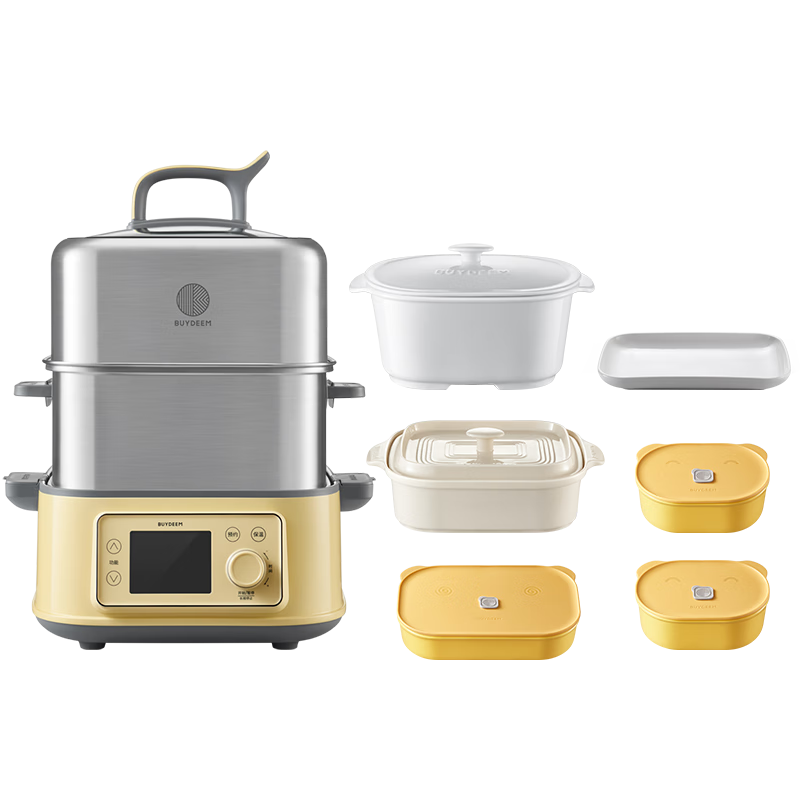 Buydeem Electric Steamer Household Stainless Steel 0-Coating Electric Stew Pot Large Capacity Multifunctional Steam Cooker [Family Set] G76 Light Yellow + Steam Pot + Stew Jar + Steaming Tray + Piggy 