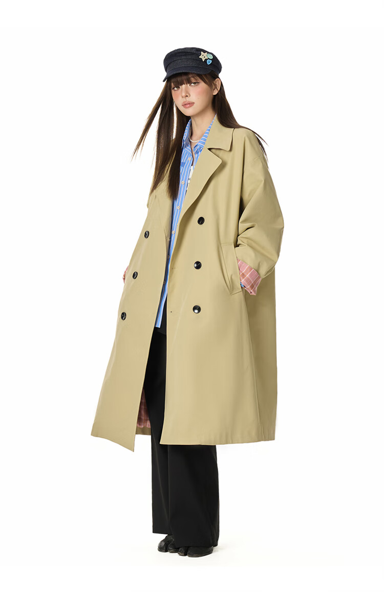 GROUND ZERO Unisex Autumn Mid-Length Trench Coat with Plaid Color-Block Lining Black 2XL 3
