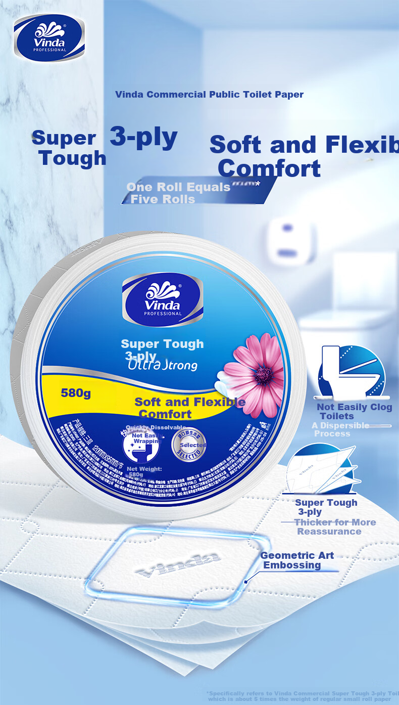 Vinda Large Core Toilet Paper, 3-Ply, 580g*12 Rolls, Extra Strong, Commercial-Grade, Bulk Pack, Toilet Paper Roll, Whole Box VS4661 1