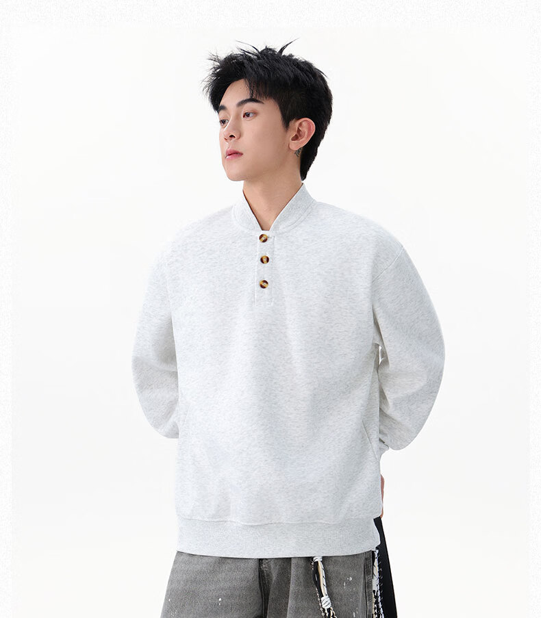 Homlean Heavyweight Henry Collar Solid Color Sweatshirt Men Autumn Fashion Casual Loose Base Shirt HQ00 Black 4XL 1