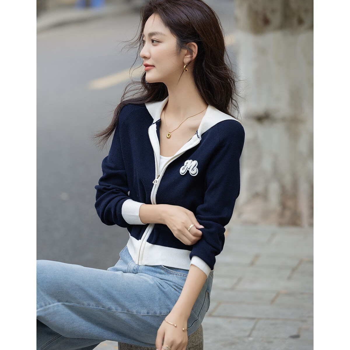 Demana French Style High Elasticity Casual Knitwear 2025 Autumn New Lapel Color-Block Toothbrush Embroidery Cardigan for Women