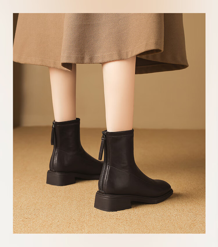 ZHR Women's Square Toe Short Boots 2025 Winter New Plush Stylish Ankle Boots Slim Fit BL663A Brown Size 37 10