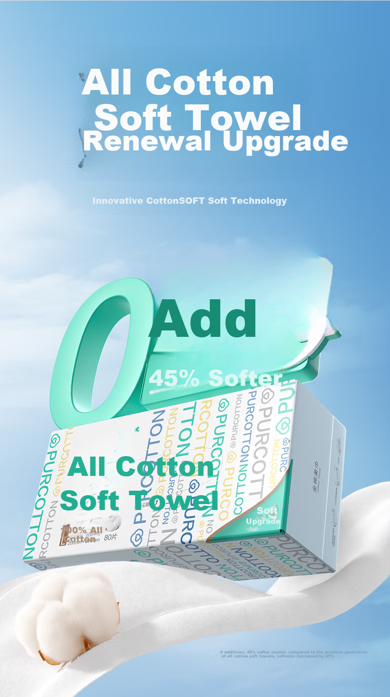 PurCotton Boxed Facial Wipes, 80 Sheets * 1 Box, 100% Pure Cotton Soft Tissues, Disposable Face Towels, 20*20CM 2