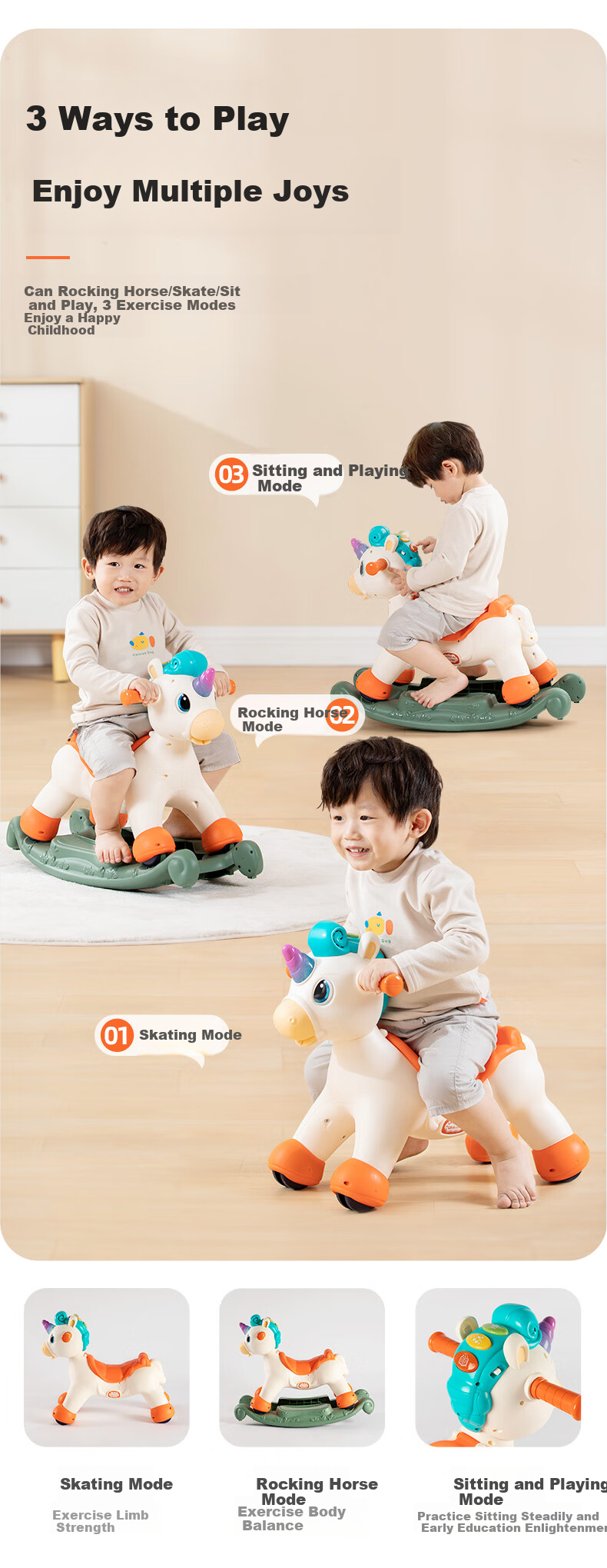 HUILE TOYS Rocking Horse Baby Toy for Ages 1-3, Musical Enlightenment Spray, ABS Material, Birthday And First-Year Gift 5