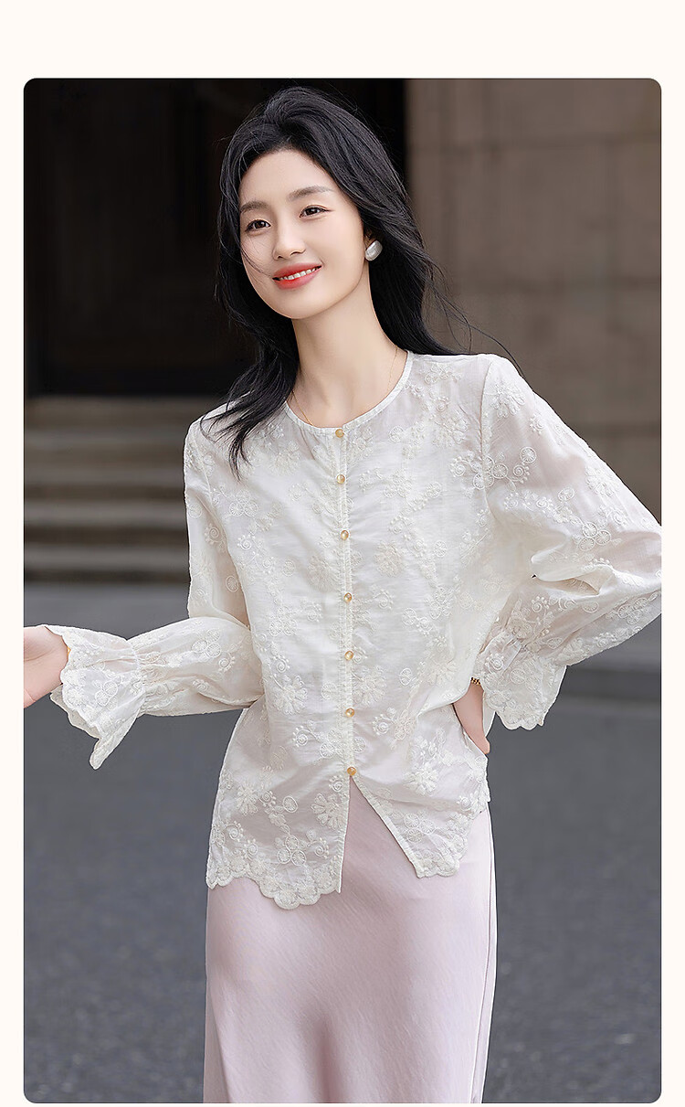 Demana Light Breath Lyocell Spring Autumn Hollow Lace Embroidered Bell Sleeve Shirt Petite Women's Top 1