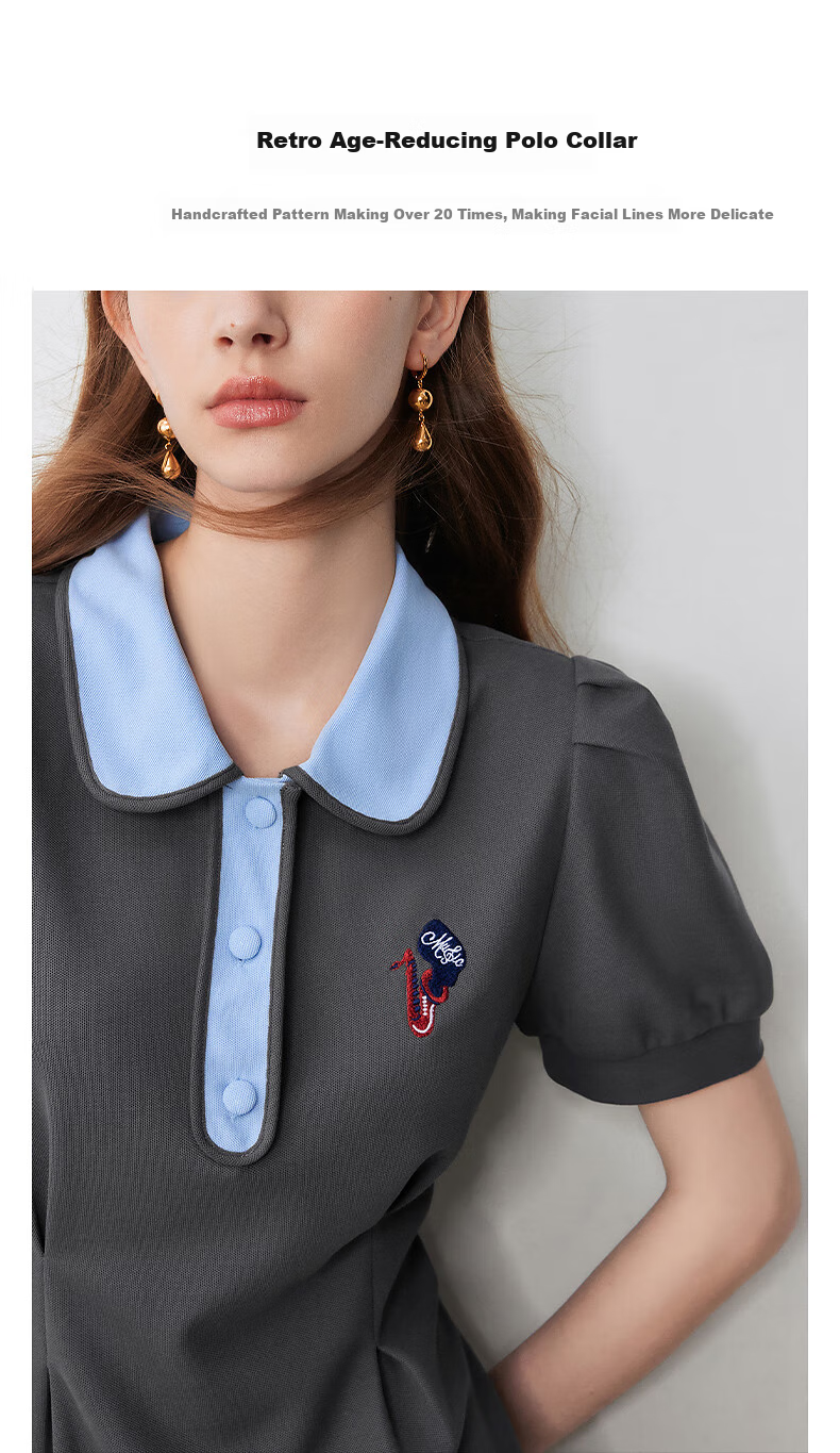 Chuyu Polo Collar Dress with Waist-Cinching Slimming Effect for Women, New Summer 2025 A-Line Short-Sleeve T-Shirt Midi Skirt, Gray, Size S 9
