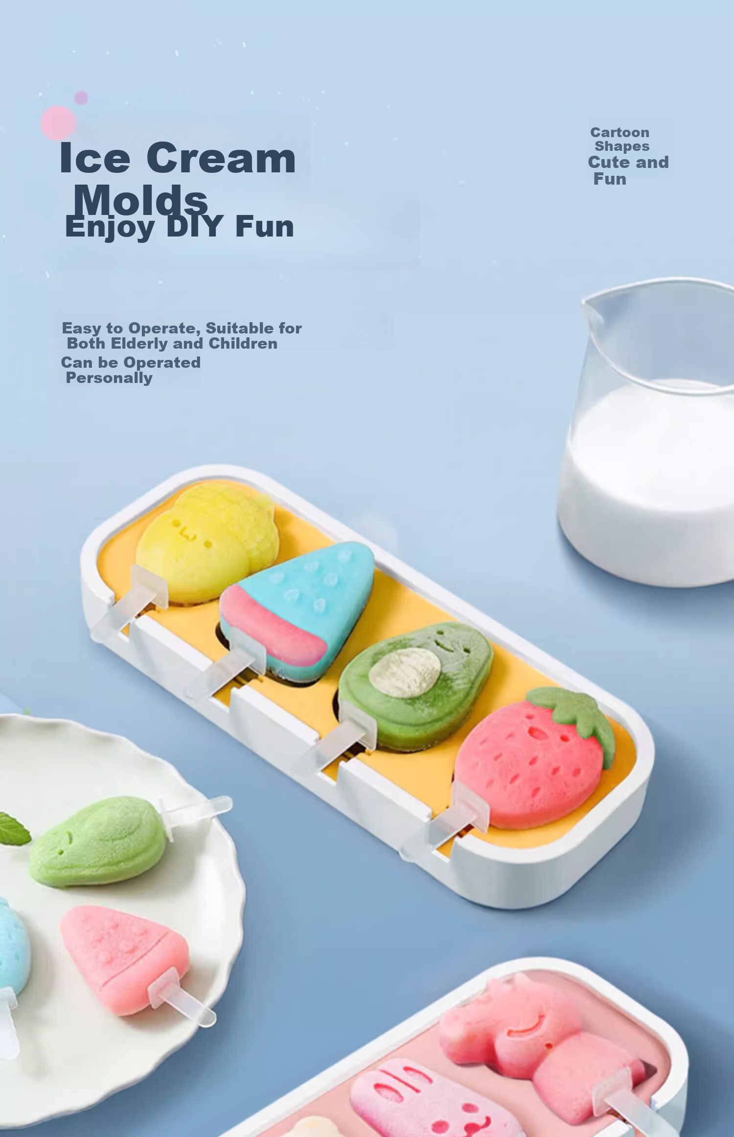 BJ Ice Cream Mold, Food-Grade Silicone, Children's Popsicle Maker, Ice Pop Mold, Ice Cube Tray, Ice Cream Mold Set of 2 1