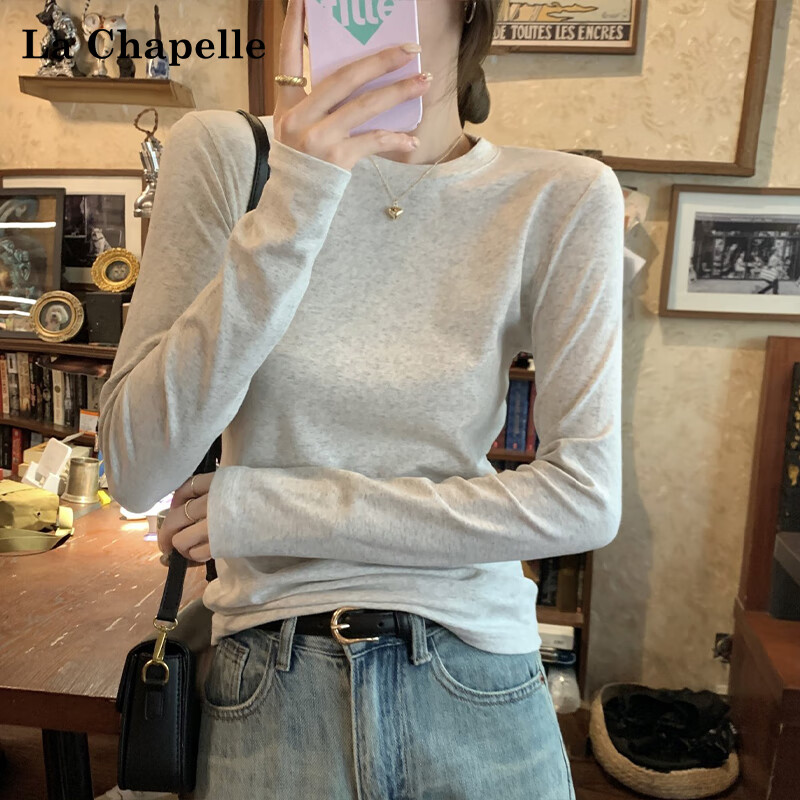 La Chapelle Women's Pure Cotton Base Shirt 2025 New Slim Fit Round Neck Long Sleeve T-Shirt Top Light Gray S