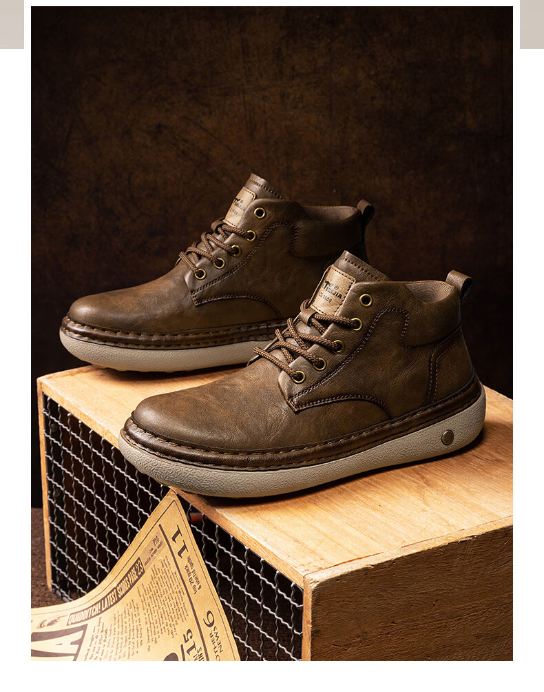 G.N.Shi Jia Men's Martin Boots Autumn Winter New Fashion Retro Work Shoes Casual Mid-top Lace-up Leather Shoes for Men 15