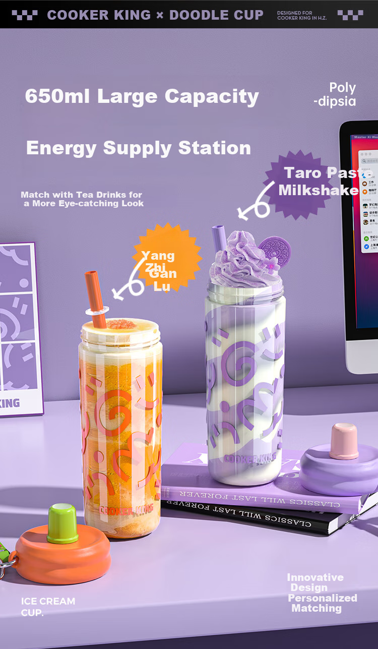 COOKER KING Tritan Plastic Cup with Straw, Shatterproof Tea Compartment, Detachable Portable Large Capacity Water Bottle, Blue-Purple, 650ml 4