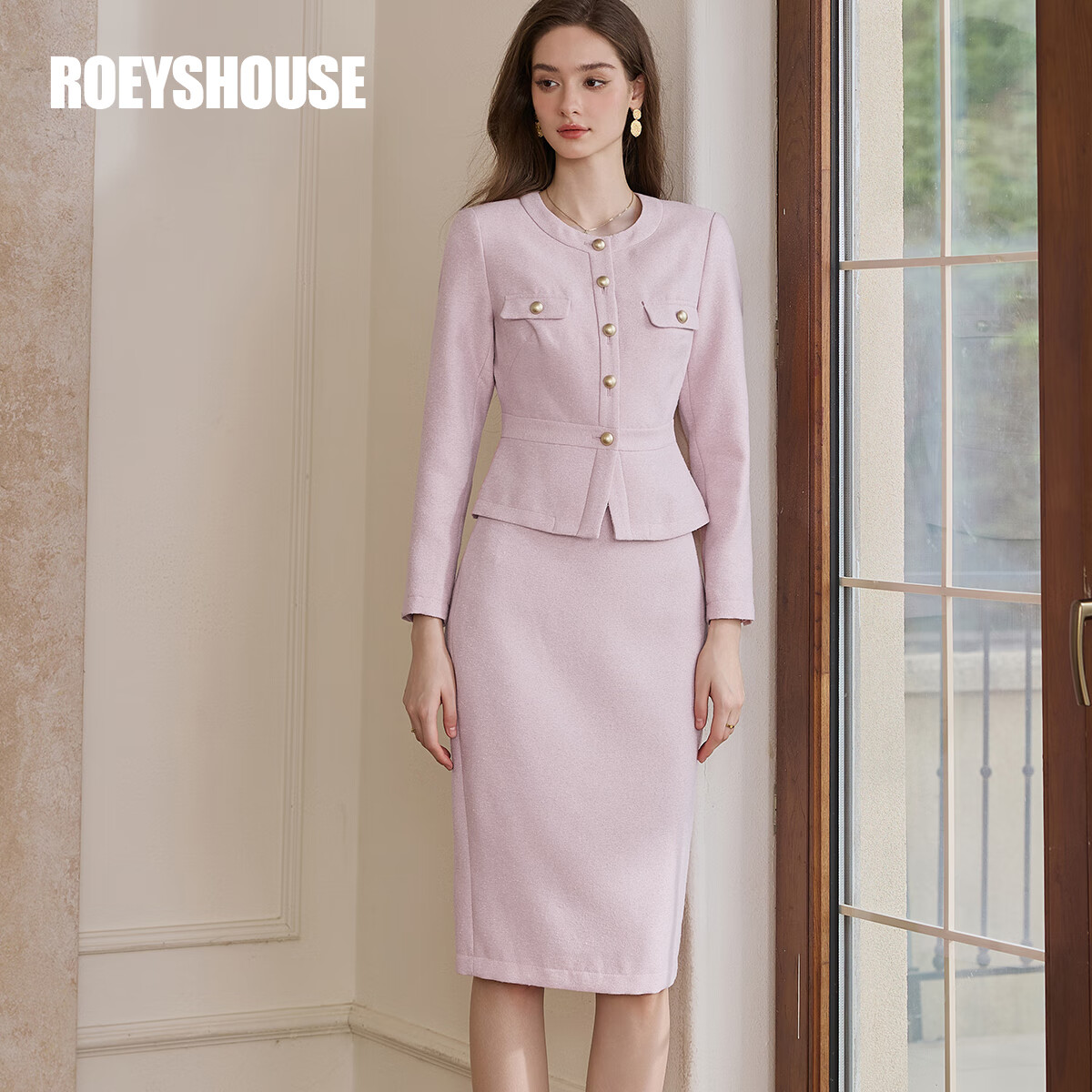 ROEYSHOUSE Premium Little Chanel Style Slim Fit Short Jacket + Skirt Two-Piece Set 09299 Pink M