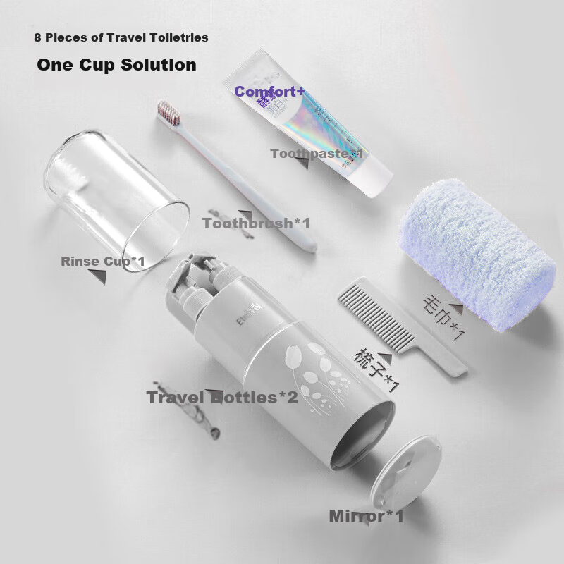 Etravel Travel Toiletry Set, Toiletry Cup, Business Trip Toiletry Bag, Toothbrush Cup, Portable Dispenser Bottle, Deluxe 8-Piece Set