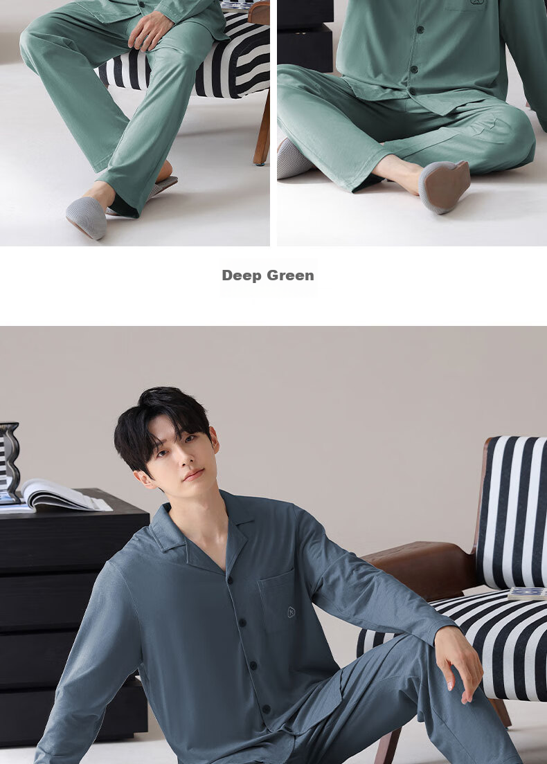 Ziyouxi Men's Pajamas Spring And Summer Pure Cotton Comfortable Home Wear Set, Wearable Outside, Turn-Down Collar, Simple Casual Cardigan Long Style 20