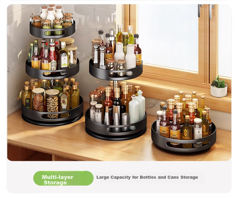 Shuaishi Kitchen Storage Rack, Rotating Spice Rack, Condiment Organizer Shelf, Seasoning Storage Counter, Countertop Tray, Black, 25cm 20