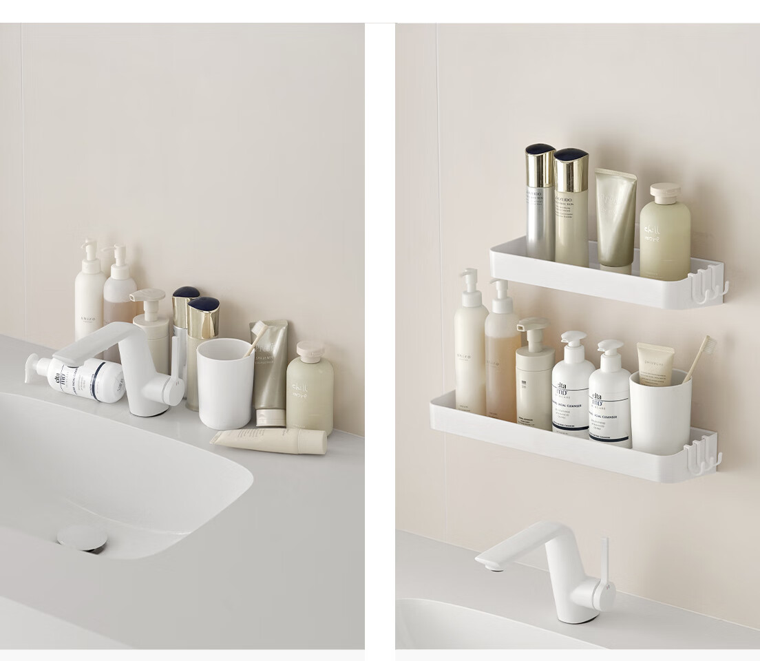 Lanjiaoluo Bathroom Storage Rack, No Drilling Required, Wall-Mounted Toilet Organizer Shelf with Hooks, 40CM 6