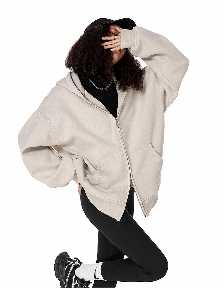 ICH MODE Fleece-Lined American Style Hoodie Jacket Women Autumn Winter Loose Fit Double Zipper Cardigan Lazy Long Sleeve Coat Black L 30