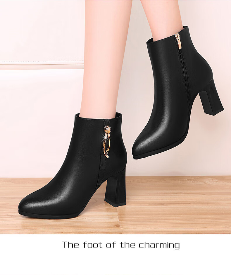 FUGUINIAO Genuine Leather Cowhide Fashion Boots Women Autumn Winter Fleece Lined Warm Short Boots Round Toe Chunky Heel Slim Boots Black Size 37 6