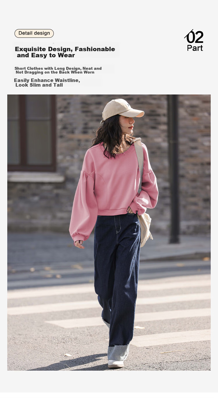 Dme [Raspberry Pink Short Puff Sleeve] Autumn Round Neck Drop Shoulder Puff Sleeve Plus Size Split Design Sweatshirt 6
