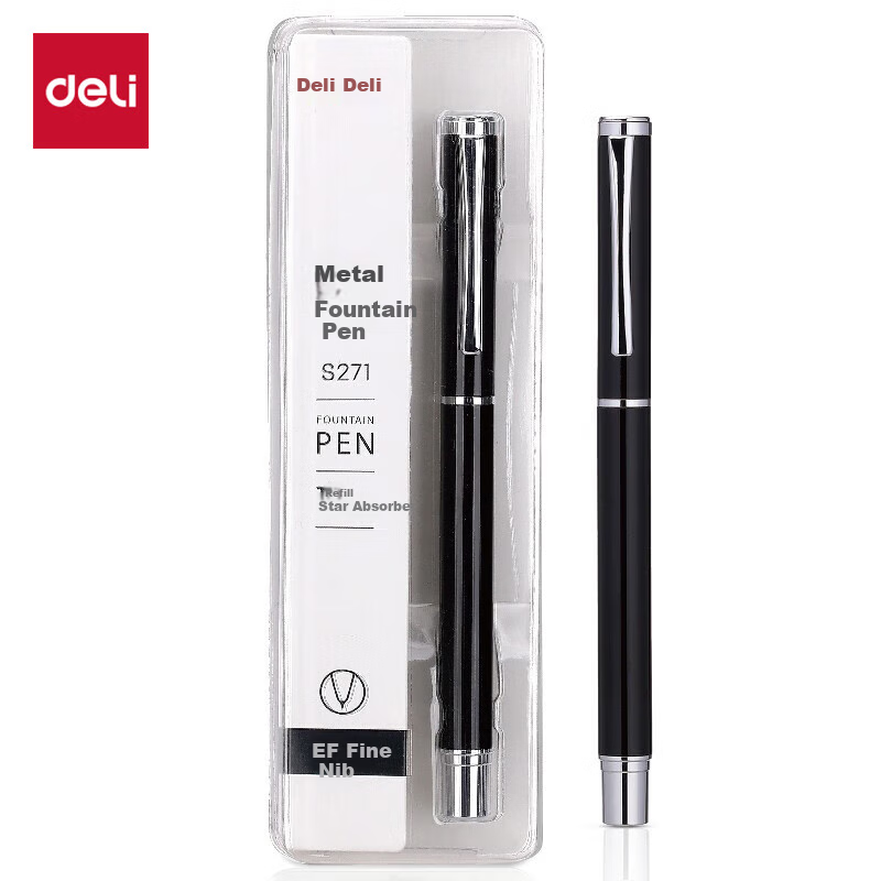 Deli EF Dark Tip Fine-Tuned Posture-Correcting Fountain Pen, Ergonomic Pen, Signature Pen, Metal Student Calligraphy Ink Pen, Black, Birthday Gift, EF Tip (Approximately 0.38mm)