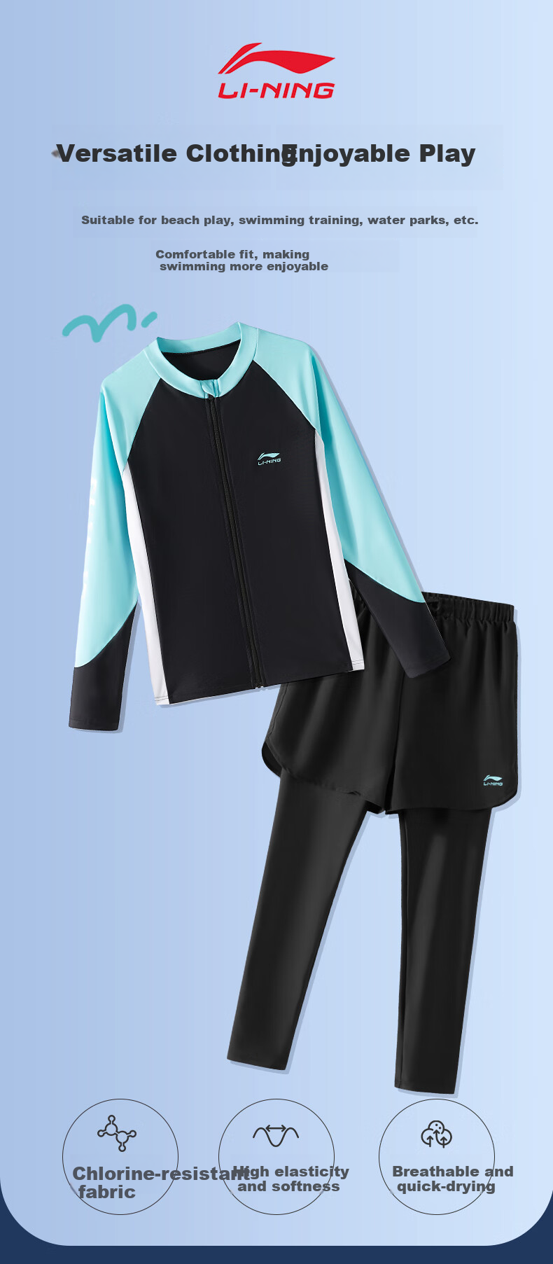 Li-Ning Children's Two-Piece Swimsuit, Boys' Long-Sleeve And Long-Pants Set, for Older Children And Teenagers, Sun Protection, for Ages 12-16, Hot Spring Swimwear 1