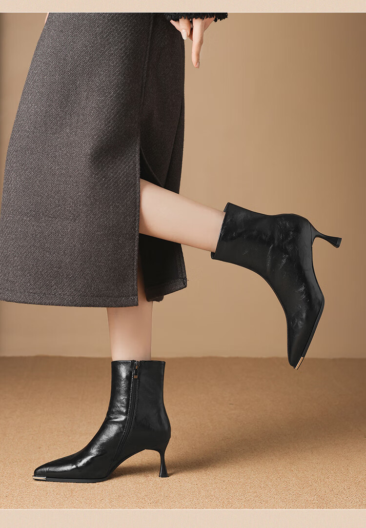 ZHR Pointed Toe Fleece-Lined Women's Ankle Boots Elegant Versatile Commuter Stiletto High Heel Boots BQ137A Black Size 39 2