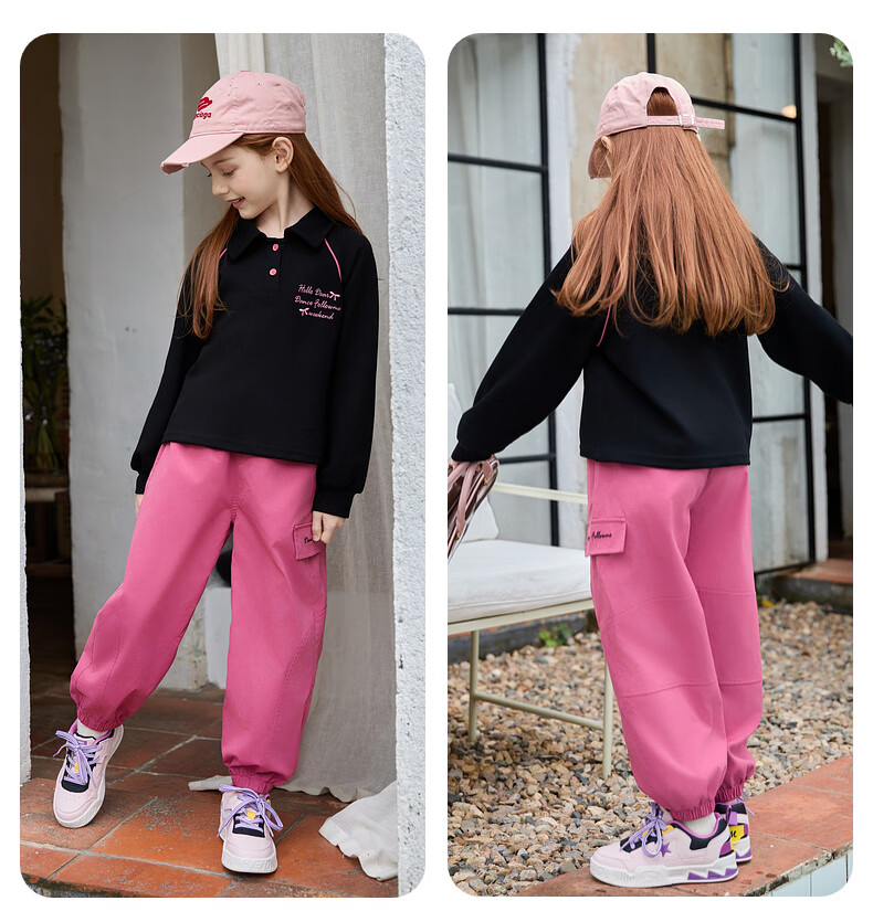 Fulromy Girls' Spring Autumn New Trendy Casual Top and Versatile Jogger Pants Two-Piece Set Black/Rose Red 160 12